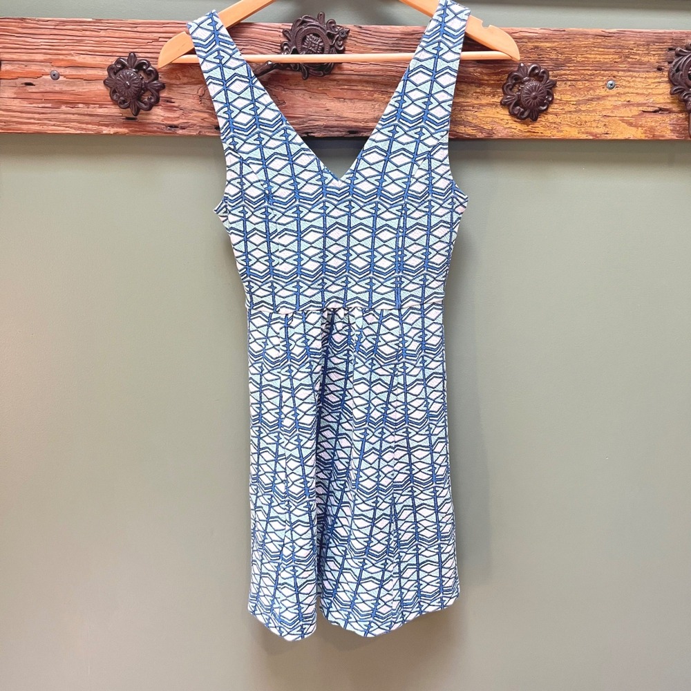Maeve Anthropologie Blue Green Geometric Open Back Fit Flare Dress Size 4